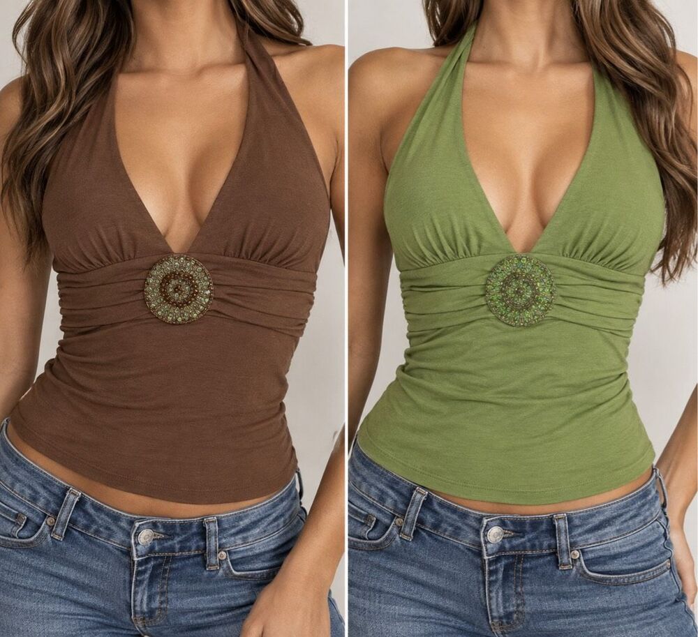 Bisou Bisou M 2pc Halter Top Bundle Y2K Beaded Brown Green